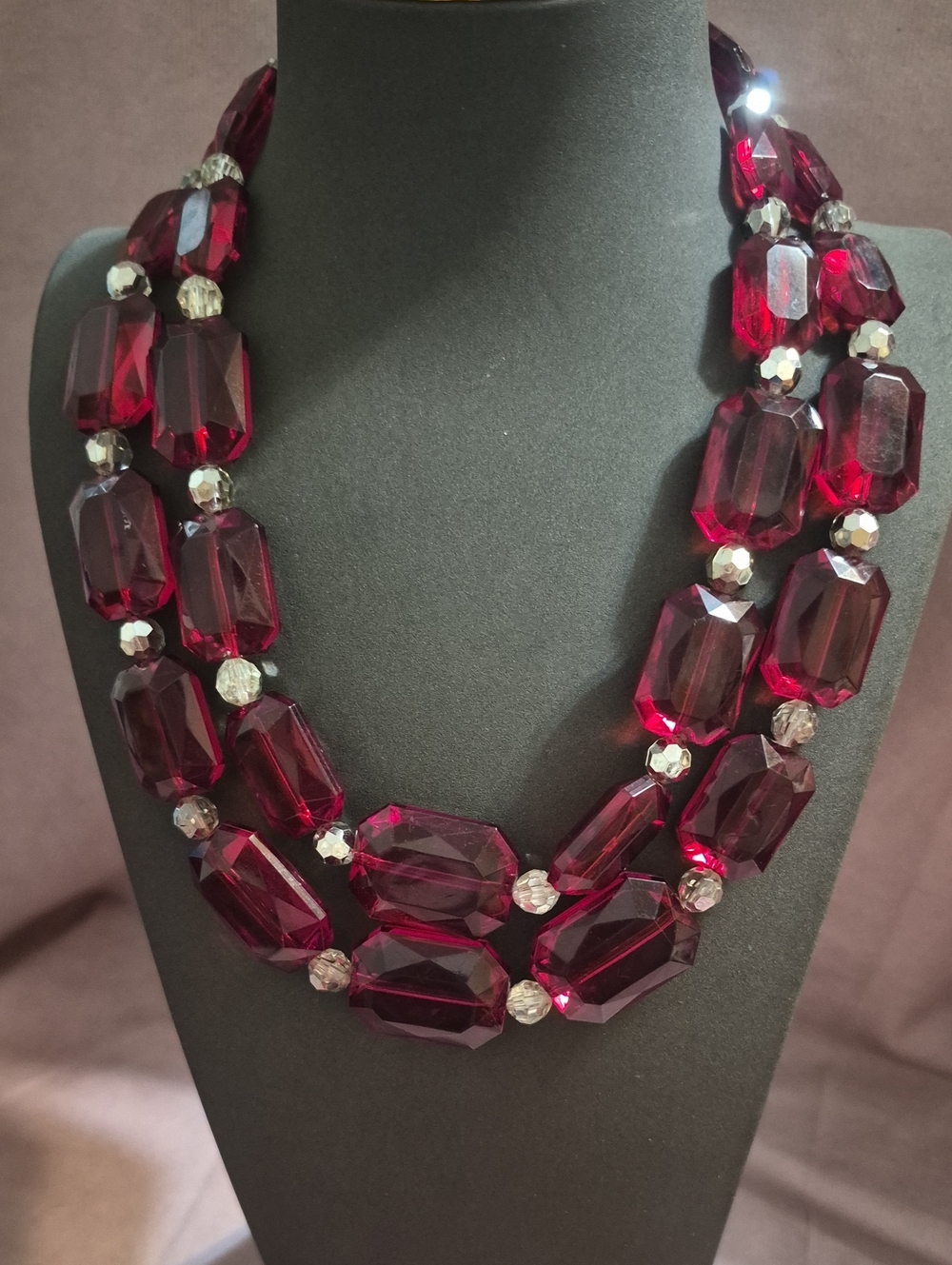 Vintage Red Faceted Bead Necklace, Double Strand Statement, Ruby Red Chunky Bead